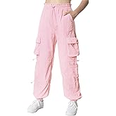 EXARUS Girls Parachute Pants Cargo Baggy Hip Hop Drawstring with Pockets Elastic Y2K for Kids 8-14Y