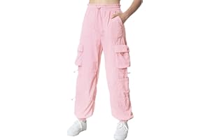 EXARUS Girls Cargo Pants Parachute with Pockets Drawstring Elastic Kids Baggy Pants Hip Hop Youth 8-14 Years