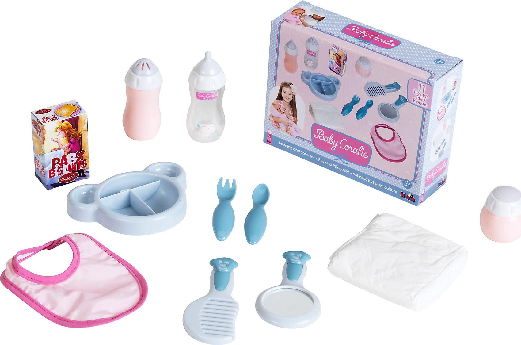 Theo Klein 1732 Baby Coralie doll dining and care set | 11-piece set | Incl. Bottle, cutlery, bib, nappy, mirror and much more. | Toy for children from 3 years, Multi - Colored, 40 x 6 x 30cm