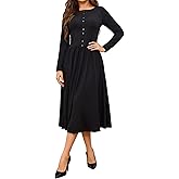 Ystguic Women's 2026 Spring Long Sleeve Knit Button A Line Swing Flare Dress with Pockets