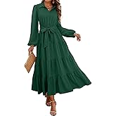 dowerme Women's Long Sleeve Dress 2026 Button Down Belted A-Line Flowy Spring Outfits Ruffle Maxi Holiday Party Dresses