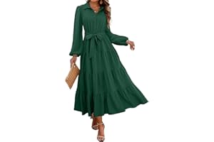 dowerme Women's Fall Dresses 2024 Long Sleeve V Neck Button Down Belted A-Line Flowy Ruffle Maxi Shirt Dress with Pocket