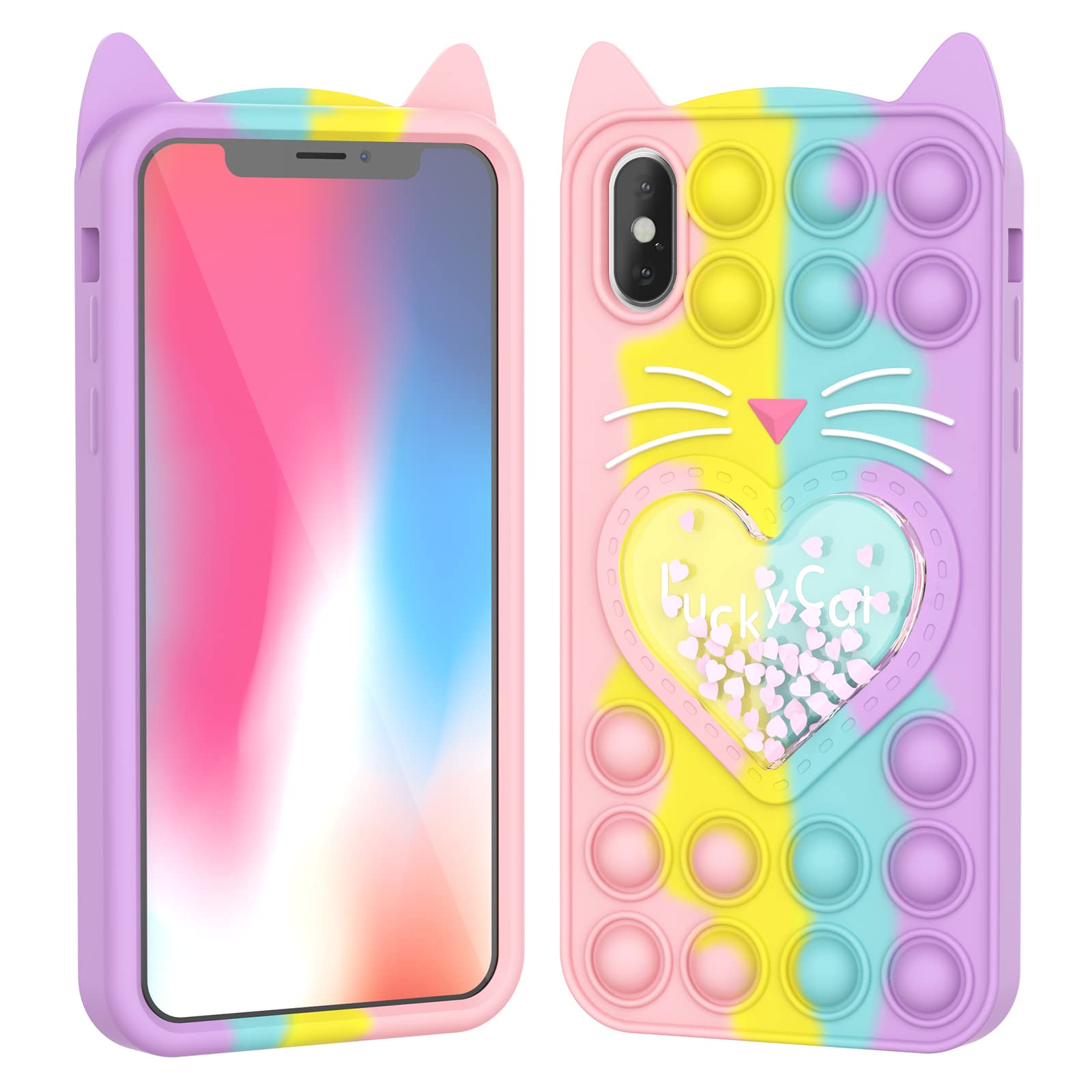 Asgens Fidget Pop Case for iPhone X/XS, Cute Cartoon Lucky Cat Quicksand Bling Stars Push Bubbles Shockproof Silicone Soft Phone Case for Apple iPhone X XS 5.8 inch — image 1