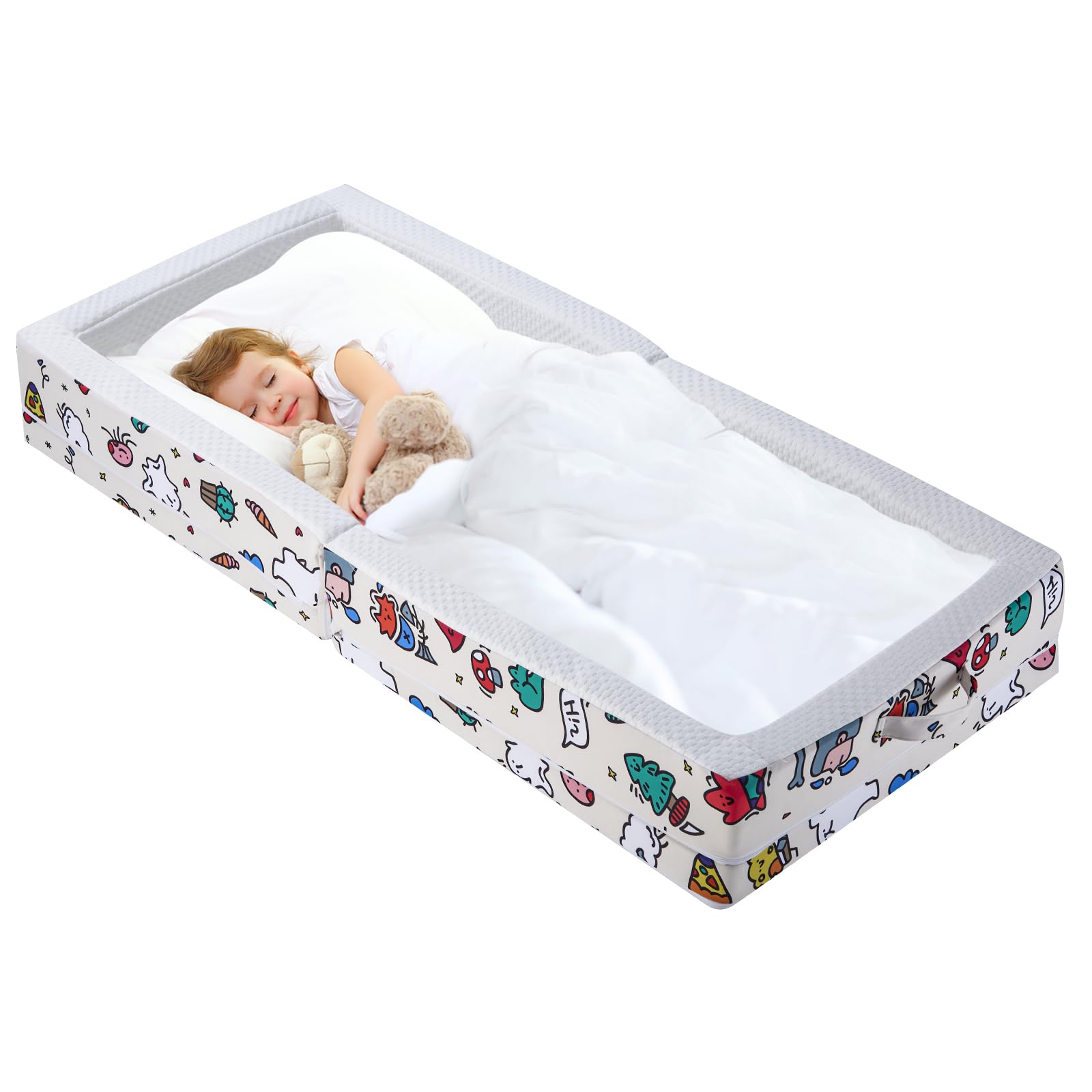 Photo 1 of Umoving Portable Foldable Toddler Travel Bed – Air Layer Fabric Soft Foam Floor Crib with Safety Rails, No Assembly, Washable Cover, Compact Kids Sleep Solution for Home, Trips & Daycare, Cream
