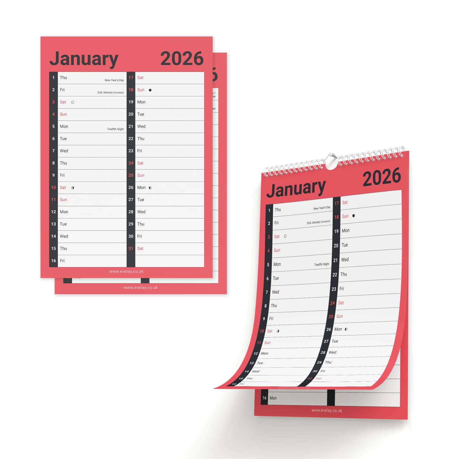 Evelay 2026 Calendar 2 Column Spiral Bound Wall Planner Month to View for Home Office Family with Holidays and Notable Dates