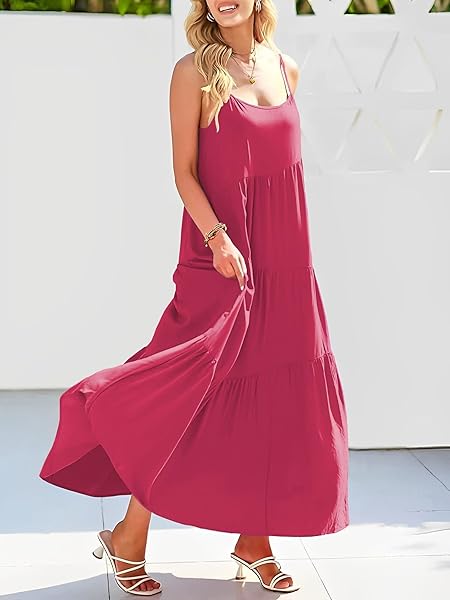 LCRRRN WOMENS FLOWY SUMMER DRESSES 2025 CASUAL LONG SLEEVELESS SPAGHETTI STRAP SUNDRESS ASYMMETRIC TIERED BEACH MAXI DRESS ROSE RED
