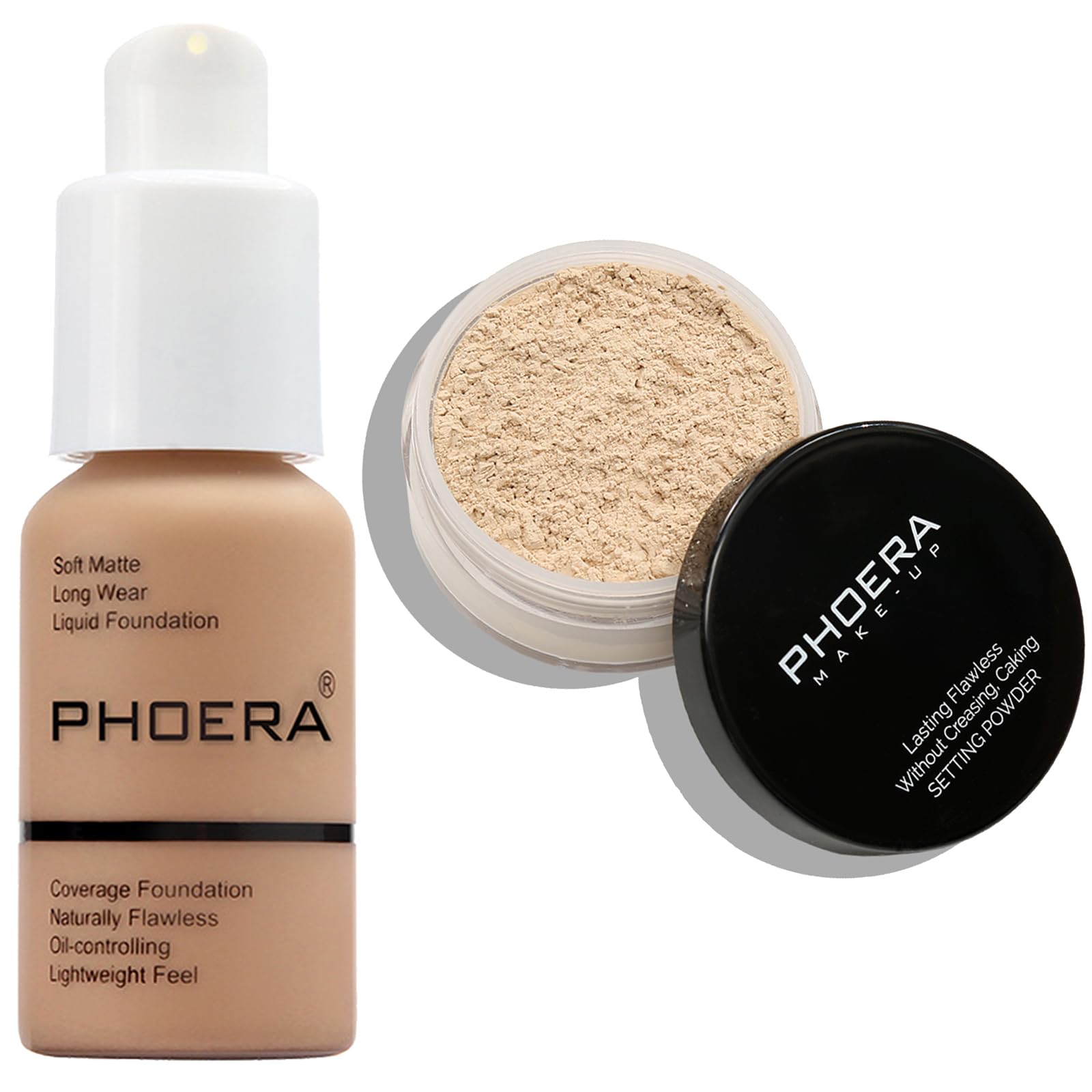 PHOERA Foundation Full Coverage,PHOERA Face Powder, Soft Focus Setting Powder, PHOERA Makeup Lightweight Wrinkles Matte Natural Finish (105 Sand+N.02 Cool Beige, 120 gram (Pack of 1))