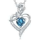 AGVANA Valentines Day Gifts Rosy Reverie Birthstone Necklace for Women Sterling Silver Genuine or Created Gemstone Rose Flower Heart Pendant Necklace Anniversary Birthday Gifts for Women Mom Wife Her