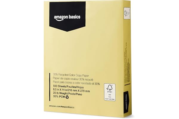 Amazon Basics 30% Recycled Color Copy Paper, 8.5" x 11", 20lb, 500 Sheets, Pastel Canary