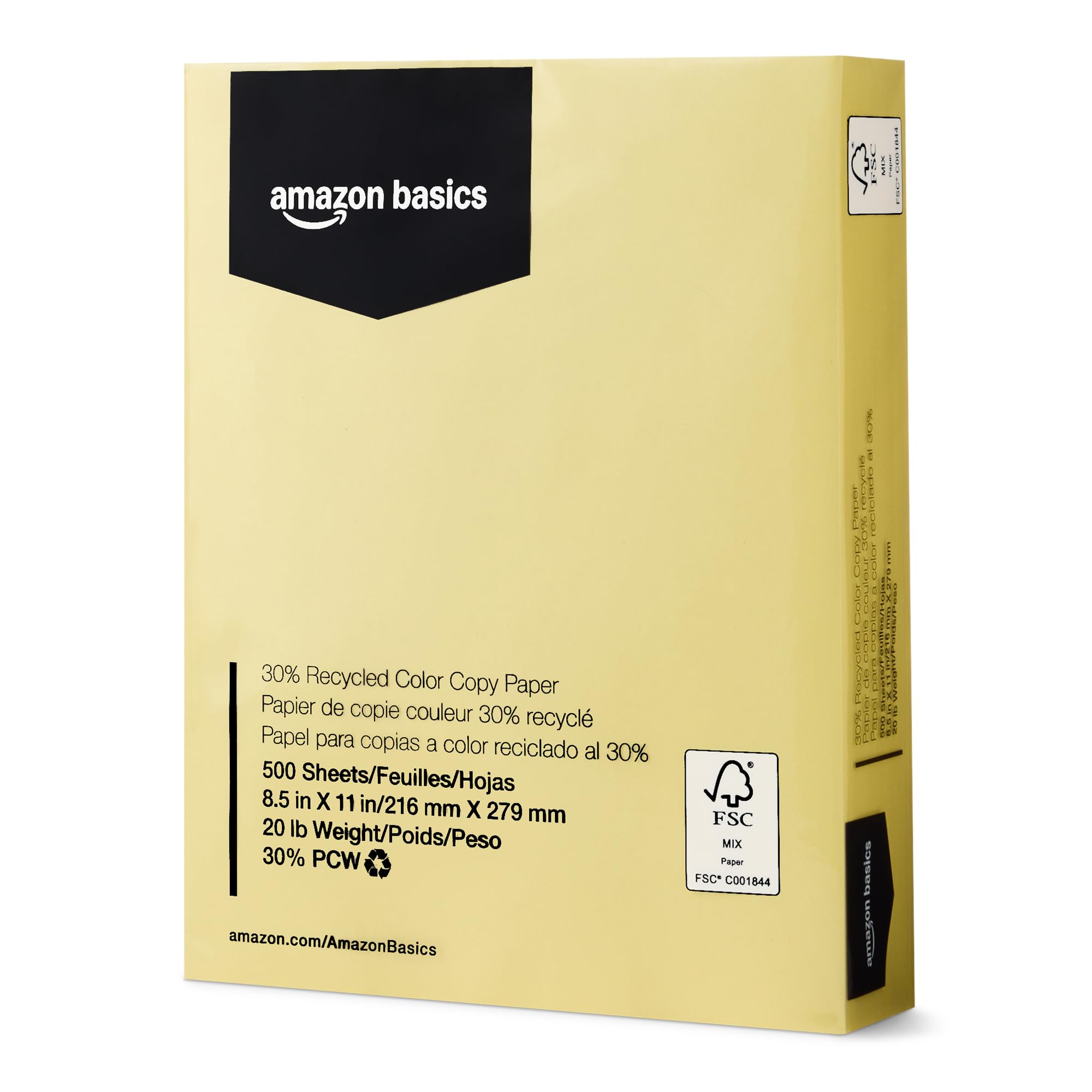 Photo 1 of Amazon Basics 30% Recycled Color Copy Paper, 8.5" x 11", 20lb, 500 Sheets, Pastel Canary