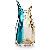 Hand Blown Glass Flower vases,Unique Wide-Mouth Vase,Modern Turquoise Glass Art Decor,for Home Living Room, Office, Table centerpieces, Bookshelves and Wedding Decorations (9.8inch H)