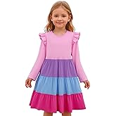 Girl Long Sleeve Dress Ruffle Rainbow Color Block Cotton Casual Tiered Pleated Twirly Dress