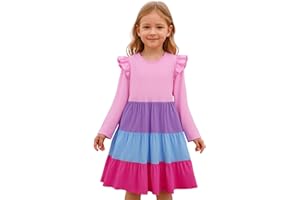 HILEELANG Girl Long Sleeve Dress Ruffle Rainbow Color Block Cotton Casual Tiered Pleated Twirly Dress