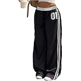Verdusa Girl's Streetwear Striped Sweatpants Drawstring High Waisted Wide Leg Baggy Trousers