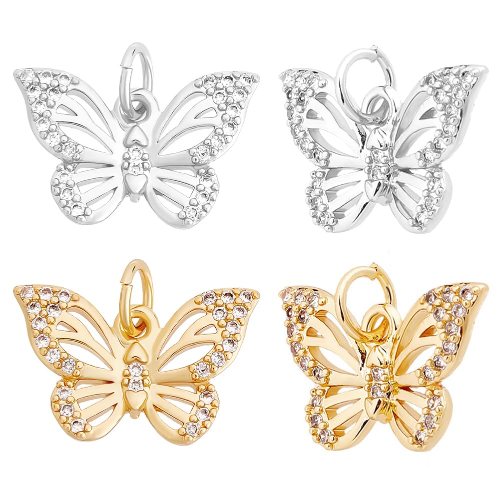 Beebeecraft 10Pcs Butterfly Charms Real 18K Gold & Platinum Plated Brass 9.5x15mm Small Spring Cubic Zirconia Charms Animal Pendants with Jump Rings for Jewellery Making Bracelet Necklace Diy Craft
