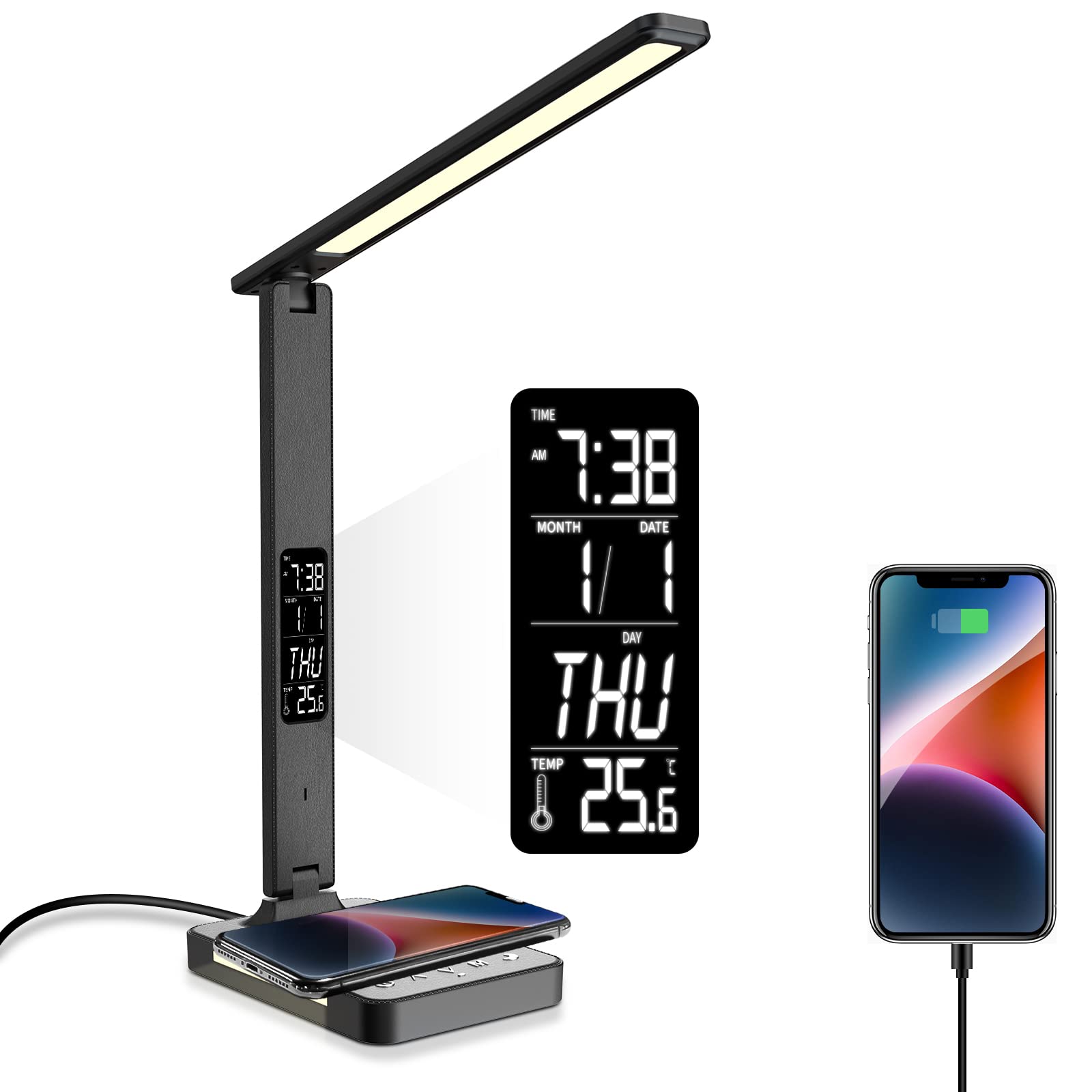 poukaran LED Desk Lamp with Wireless Charging, 5 Adjustable Light Sources and 5 Levels of Brightness Adjustment, Desk Lamp with Night Light Function, Black