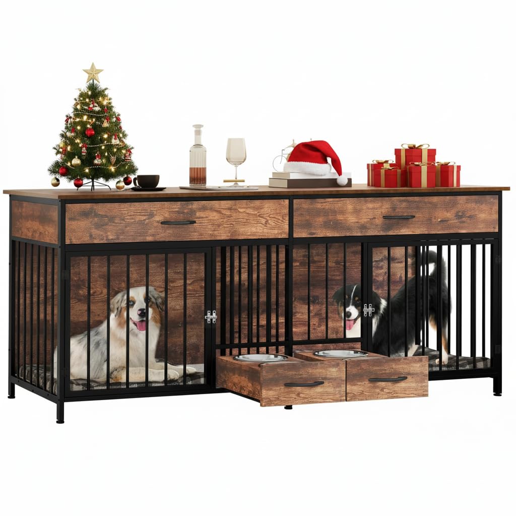 Photo 1 of ***FINAL SALE, VIEW NOTES*** *MISSING PARTS*
YITAHOME 74.8" Double Dog Crate Furniture with Dog Feeder, Heavy Duty Indoor Dog Kennel TV Stand with Drawers, Sturdy Dog Kennel with Divider for 2 Medium Large Dogs, Brown