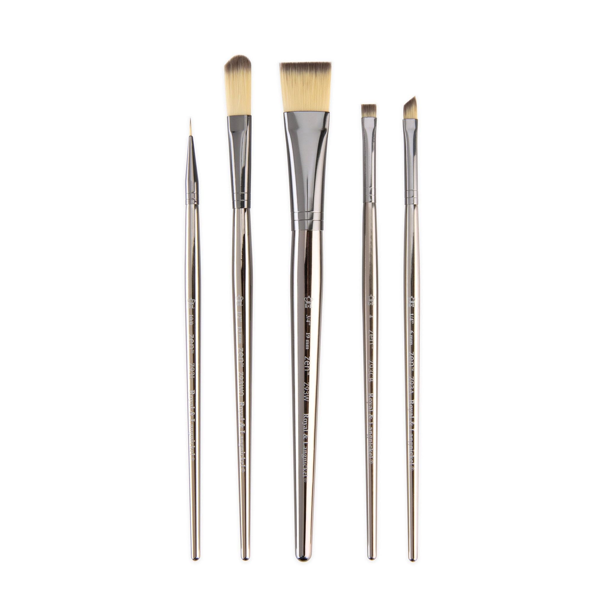 Royal and Langnickel 5 Pieces Brush Set Synthetic Filament, Wash 3/4, Oval Wash 1/2, Angular 1/4, Liner 10/0, Chisel Blender 4