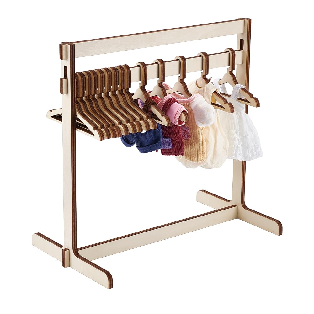 UNICRAFTALE 30cm High Doll Garment Racks with 15Pcs Wooden Clothes Hanger Small Dolls Clothes Rack Antique White Mini Dress Up Storage Doll Garment Rack Accessory for Dollhouse Cat Puppy for Adult
