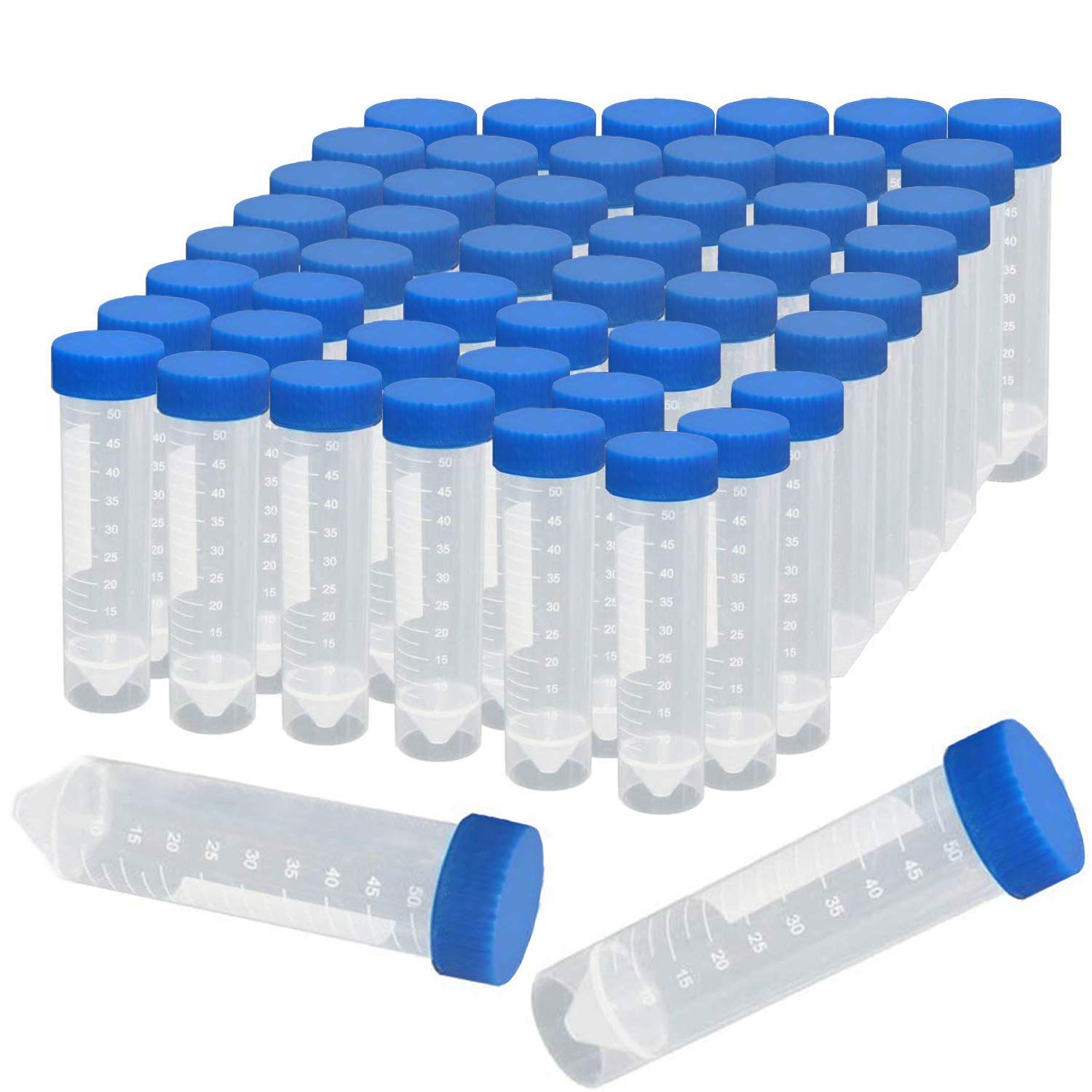 BITEFU 50pcs 50ml Centrifuge Tubes PP Test Tubes with Lids,Clear Test Tubes with Graduated Marks,Conical+Flat bottom