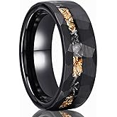 Concept Knight Black Hammered Tungsten Carbide Rings for Men Women 8mm Engagement Wedding Bands Matte Brushed Inlaid Gold Foil Meteorite Fragments Comfortable Fit