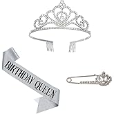 Hopodix Silver Birthday Queen Sash and Crown Tiara Happy Birthday Decorations Accessories Glitter Birthday Sash Birthday Queen Crown for Women