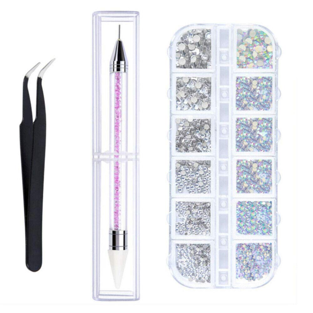 Rhinestones Nail Art, AB and Clear Crystal Gem Nail Stones Decorations with Pick Up Tweezer and Rhinestone Picker Dotting Pen For DIY Nails Clothes Face Craft Mix 6 sizes 1500pcs