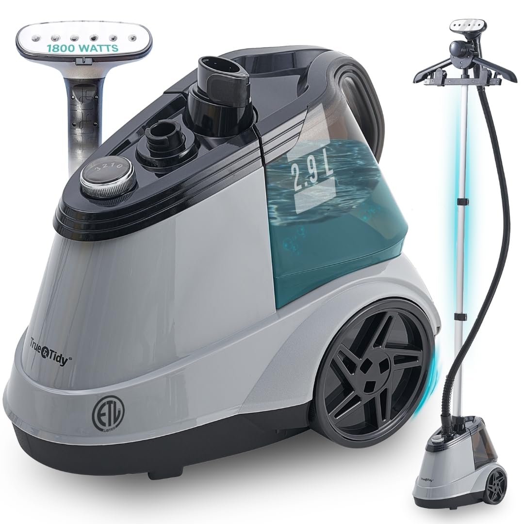 True & Tidy Heavy Duty Commercial Full Size Standing Garment Steamer for Clothes with Extra Large 2.9L (98 oz) Water Tank for 90+ mins of Steam Time, 1800 watts of Powerful Steam, 3 Settings, Gray
