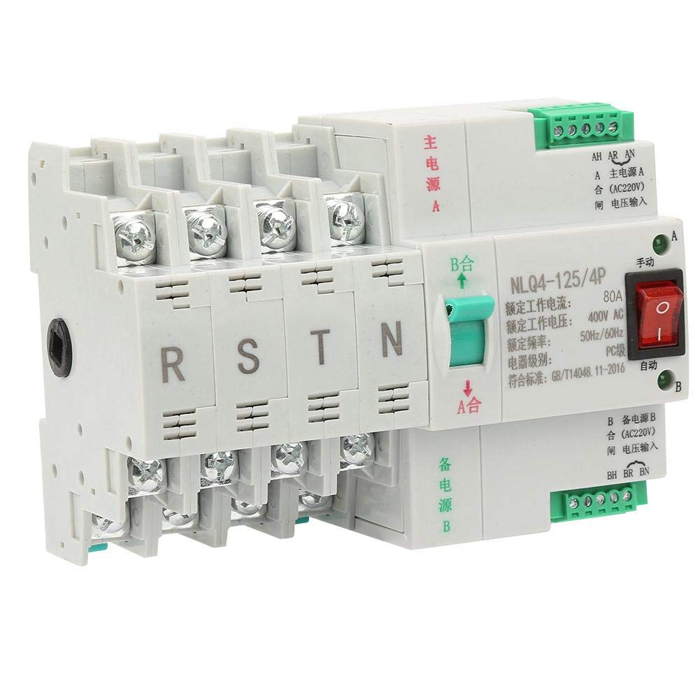Transfer Switch 4P, AC 400V 63/80/100A Dual Power Automatic Transfer Toggle Switch,Effectively Protect your Electricity Safety and Stability(80A)