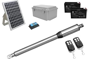 JUJIANG C01 Solar Gate Opener with Batteries & Solar Panel for Single Swing Gates Up to 440lb Automatic Gate Openers with Remote Complete Kit Light Duty Automatic Gate Openers Solar Powered