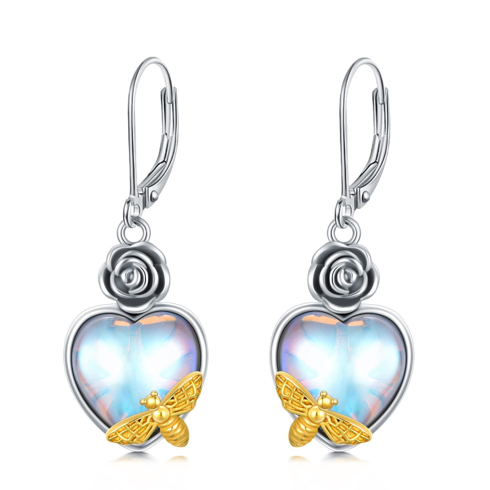 Bee Earrings Sterling Silver Bee Dangle Earrings Moonstone Earrings Bee Mother's Day Jewellery for Women Mum