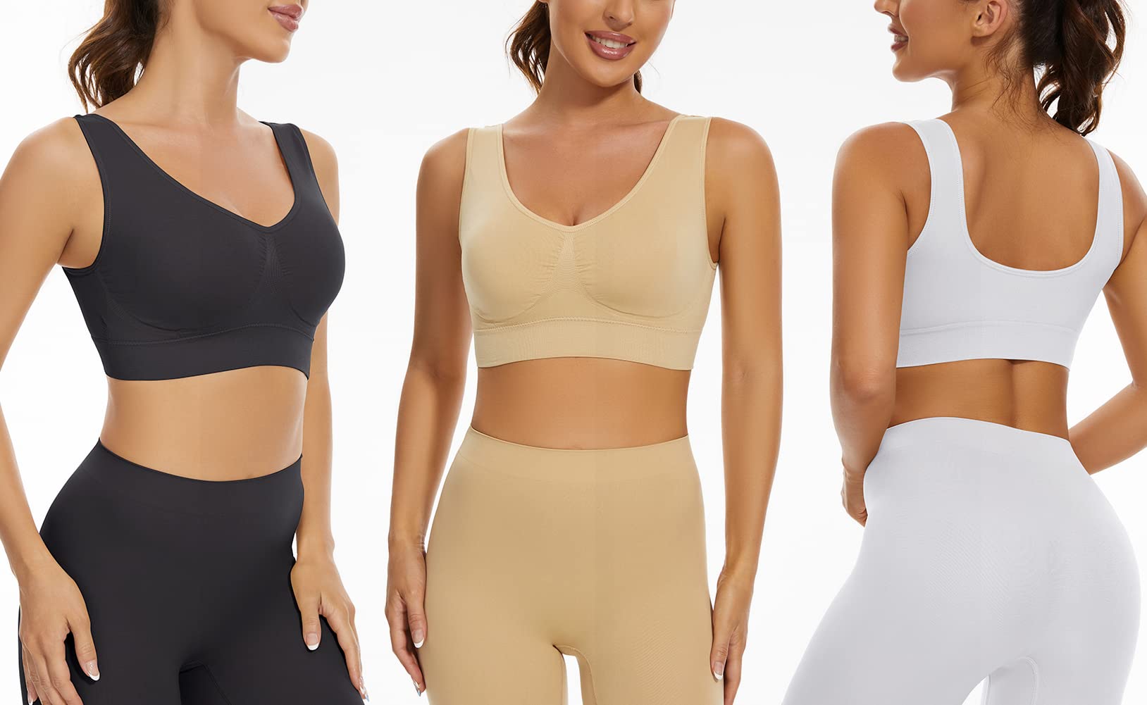 Lemef 3-Paquet soutiens-Gorge de sans Couture Sport Yoga sans Armature avec coussinets amovibles Pour Femmes, Black&white&nude, XL