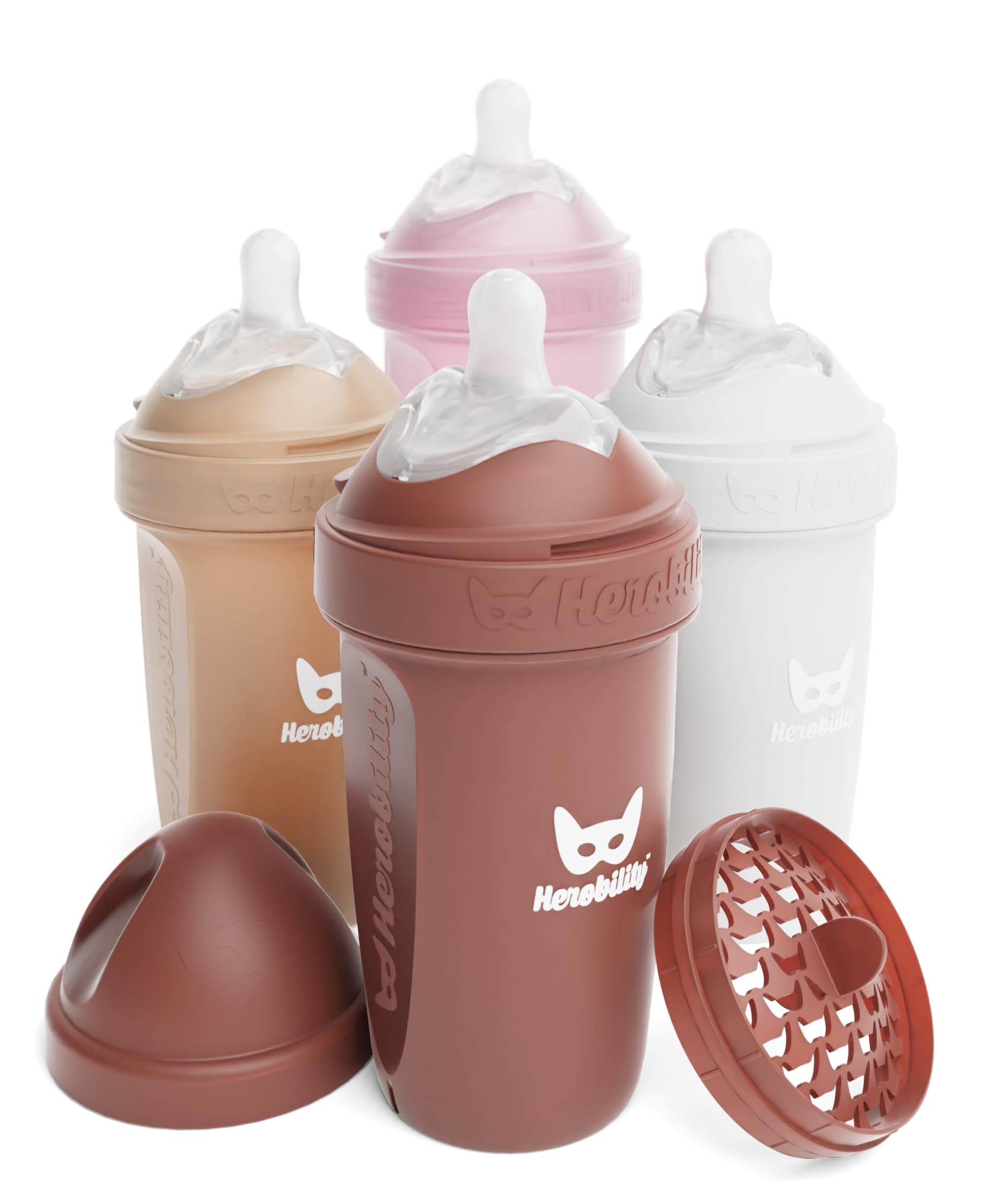 Herobility Anti-Colic Baby Bottles 8.5 fl oz/240ml - Pack of 4 Plastic Baby Bottles, Slow Flow Plastic Bottles, Breast-Shaped Teat for Breastfed Babies – Multicolor – Sand, Woodchuck, Pink, White