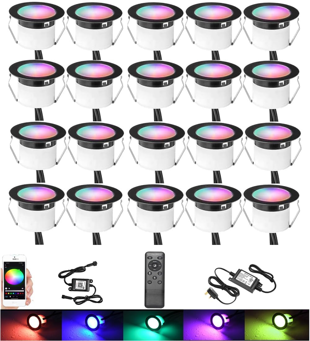 GEYUEYA Home WiFi Decking Lights RGBW,Ø45MM 12V RGB+Warm White Waterproof IP67 LED Deck Lights for Patio Path Garden Decoration - 20 Packs