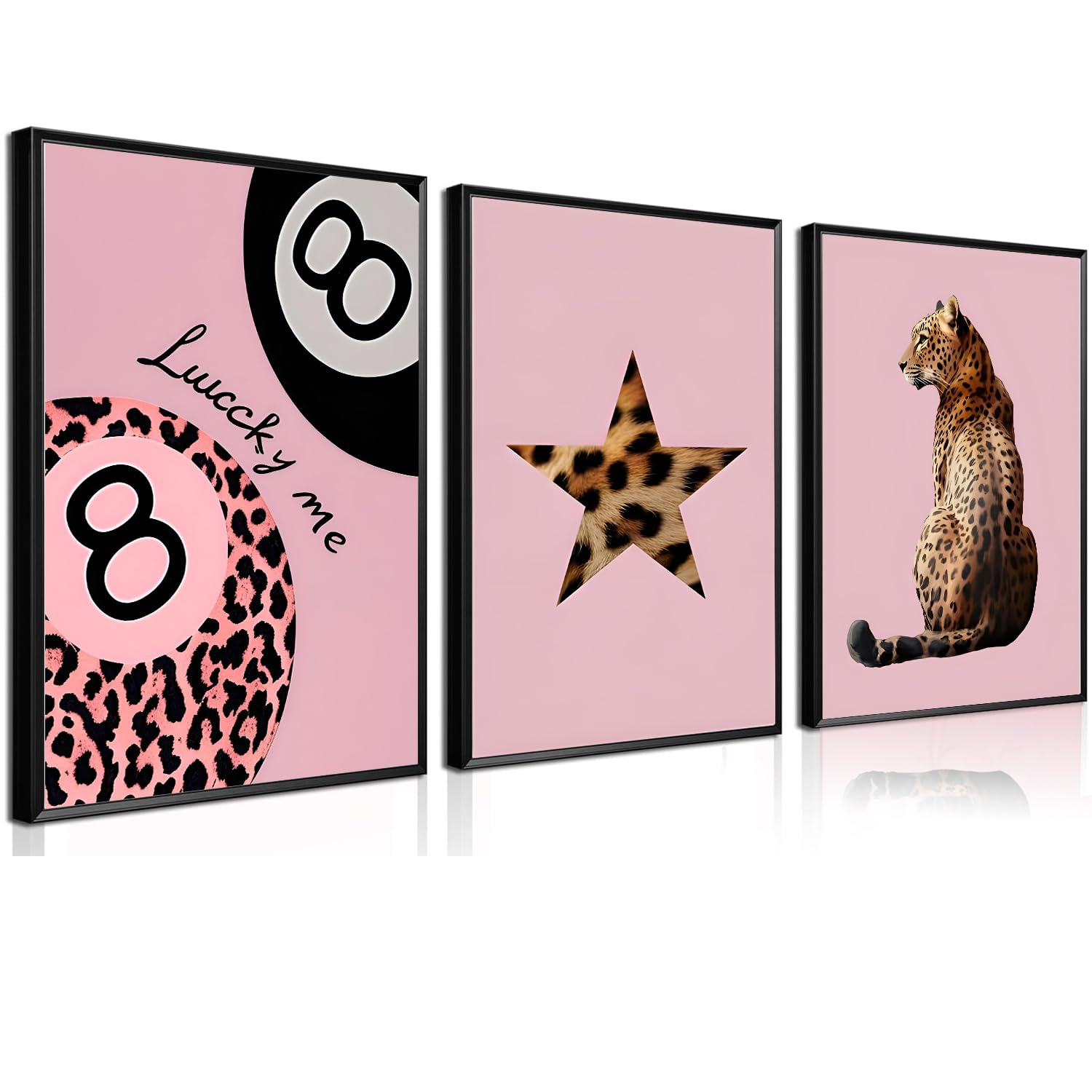 Set of 3 Pink Trendy Leopard Cheetah Wall Art Prints Funky Lucky 8 Ball ...