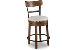 Signature Design by Ashley Valebeck Rustic Farmhouse Swivel Bar Stool – 24.5″ Counter Height, 360° Swivel Metal & Wood Frame, Polyester Upholstery – Brown