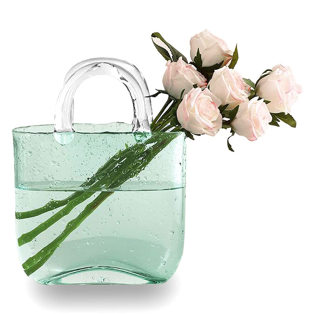 Candora Bag Glass Vases for Decor Creative Bubble Handbag Flower Vase Desktop Glass Basket Vase Mini Crystal Fish Tank for Table Centerpieces, Kitchen, Office Living Room (Green)