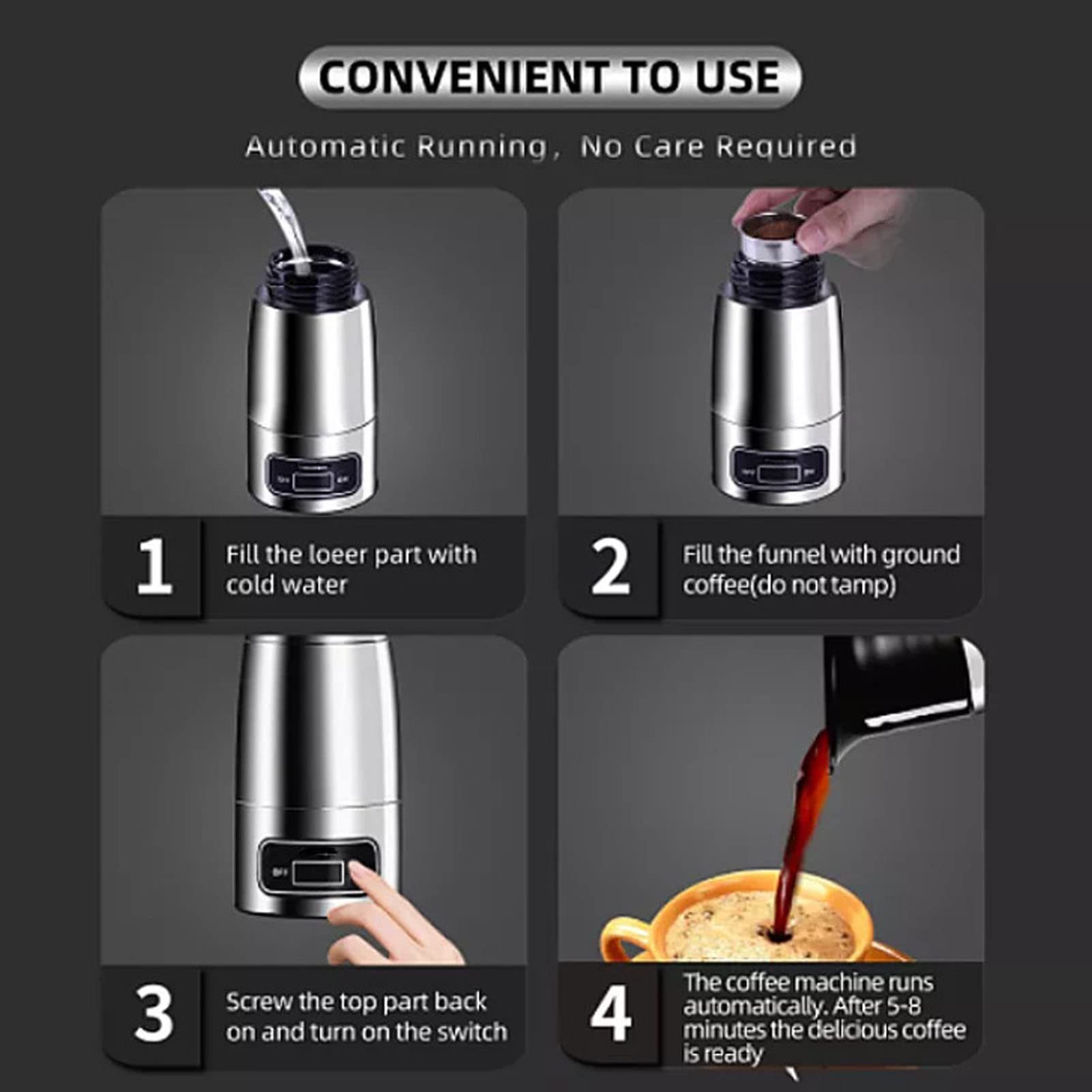 Luqeeg Cafetera portátil, máquina de café espresso eléctrica, mini cafetera eléctrica para coche, cafetera espresso eléctrica para cápsulas con encendedor de cigarrillos de 12 V 24 V, taza de viaje de acero inoxidable