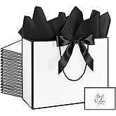 Addblu 12 Pack Large White Gift Bags with Handles, 12.6x10x4'' Includes 36 Tissue Papers, Bow Ribbon & Cards for Wedding, Birthday, Bridesmaid, Groomsmen, Valentine's Day, Easter (White and Black, 12pcs)