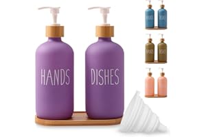 Loochica 2 Pack Purple Glass Soap Dispenser Set with Tray, Hand and Dish Glass Soap Dispensers for Kitchen Sink, Lavender Kitchen Soap Dispenser Set Suitable for Kitchen Décor