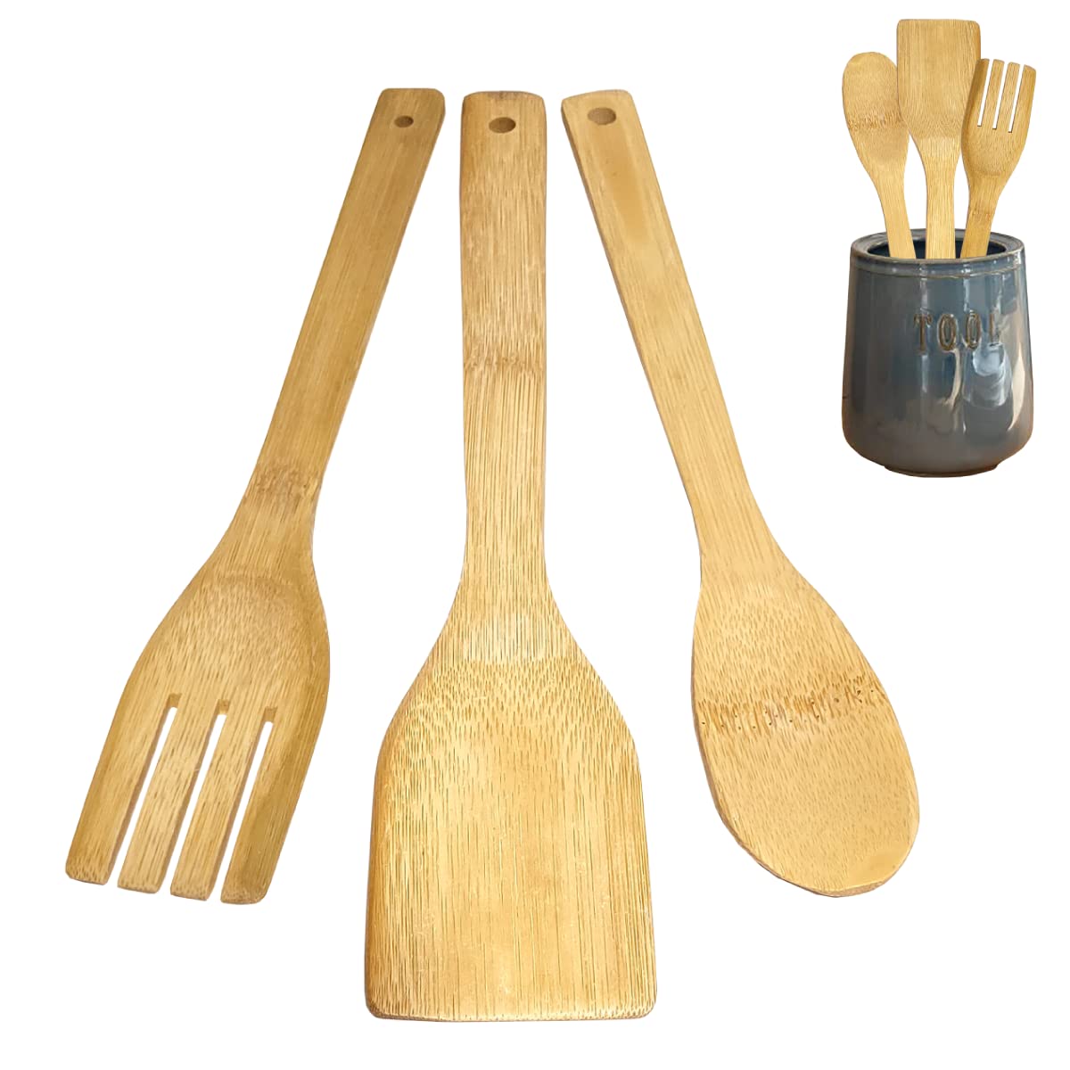 Kitchen Utensils Set in Bamboo Wood – Kit of 3 Scratch-resistant Kitchen Accessories (Scoop, Wooden Spoon, Ladle), Natural Bamboo Kitchen Tools