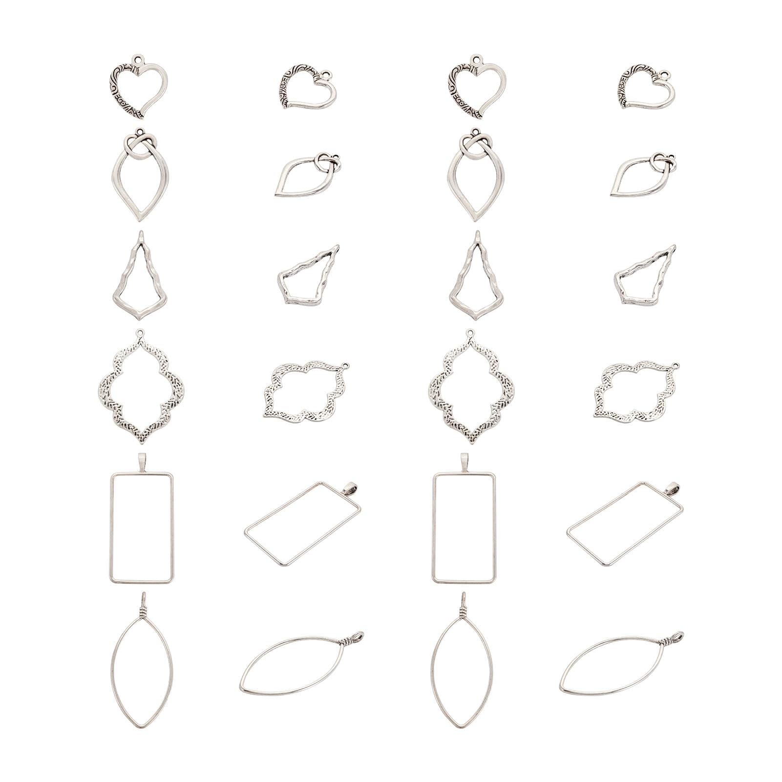 Pandahall 30pcs Alloy Open Bezel Charms Pendants 25.5~73.5x22.5~39x1.5~3mmTibetan Style Hollow Mould Charms with Loop Antique Silver Plated for Jewelry Making