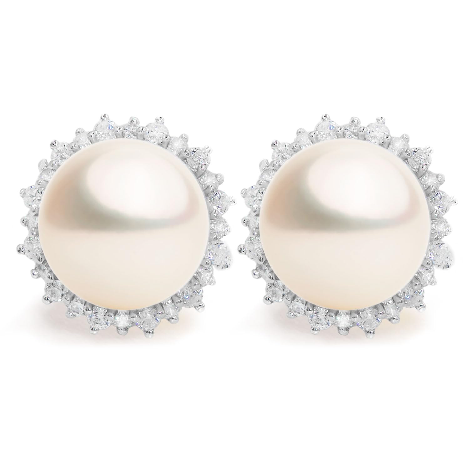 Women Pearl Stud Earrings, Fresh Water Cultured Pearls Button Shape 11,5-12,00 mm with a Small Zirconia Stone Secret & You | Sterling Silver 925 Mounts with big nuts. — image 1
