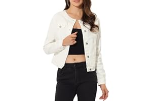 Allegra K Women's Denim Jacket Collarless Round Neck Button Down Long Sleeve Jean Jackets