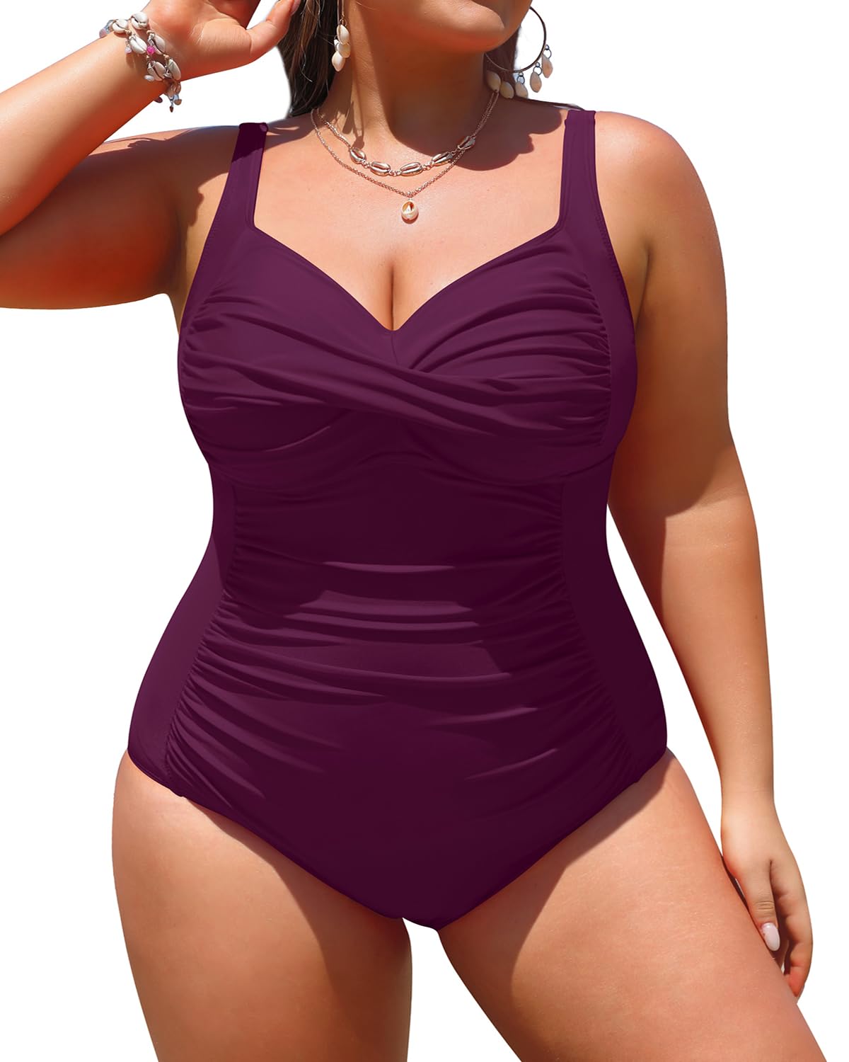Photo 1 of (BAGGED) (USED/FAIR) (22W) Yonique Women Plus Size One Piece Swimsuits Tummy Control Bathing Suits Twist Front Ruched Swimwear Deep Purple 22W