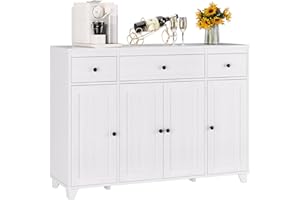HIFIT Buffet Cabinet White Sideboard Storage Cabinet with 3 Drawers & 4 Doors Adjustable Shelves, 47” Modern Coffee Bar Cabinet, Wood Accent Cabinet for Kitchen Cupboard Dining Living Room