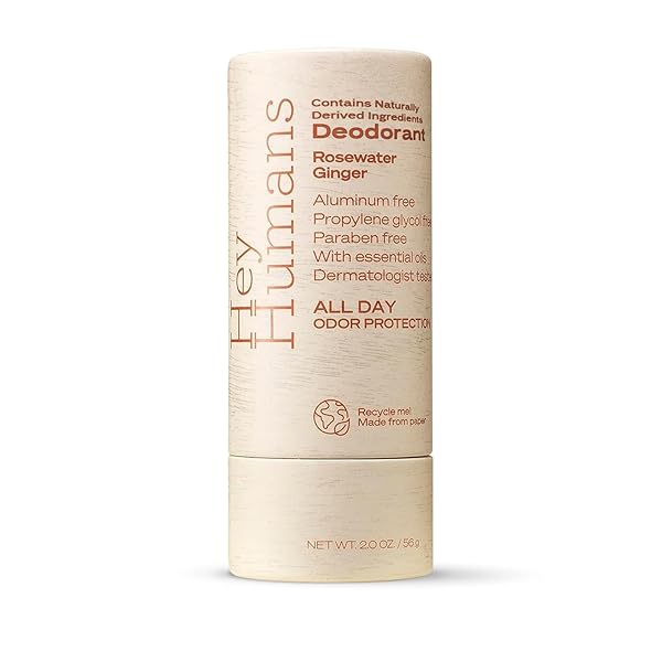 HEY HUMANS DEODORANT, ALUMINUM FREE DEODORANT FOR WOMEN AND MEN, CONTAINS NATURALLY DERIVED INGREDIENTS, ALL DAY ODOR CONTROL, REFRESHING ESSENTIAL OILS, EARTH FRIENDLY PACKAGE, ROSEWATER GINGER