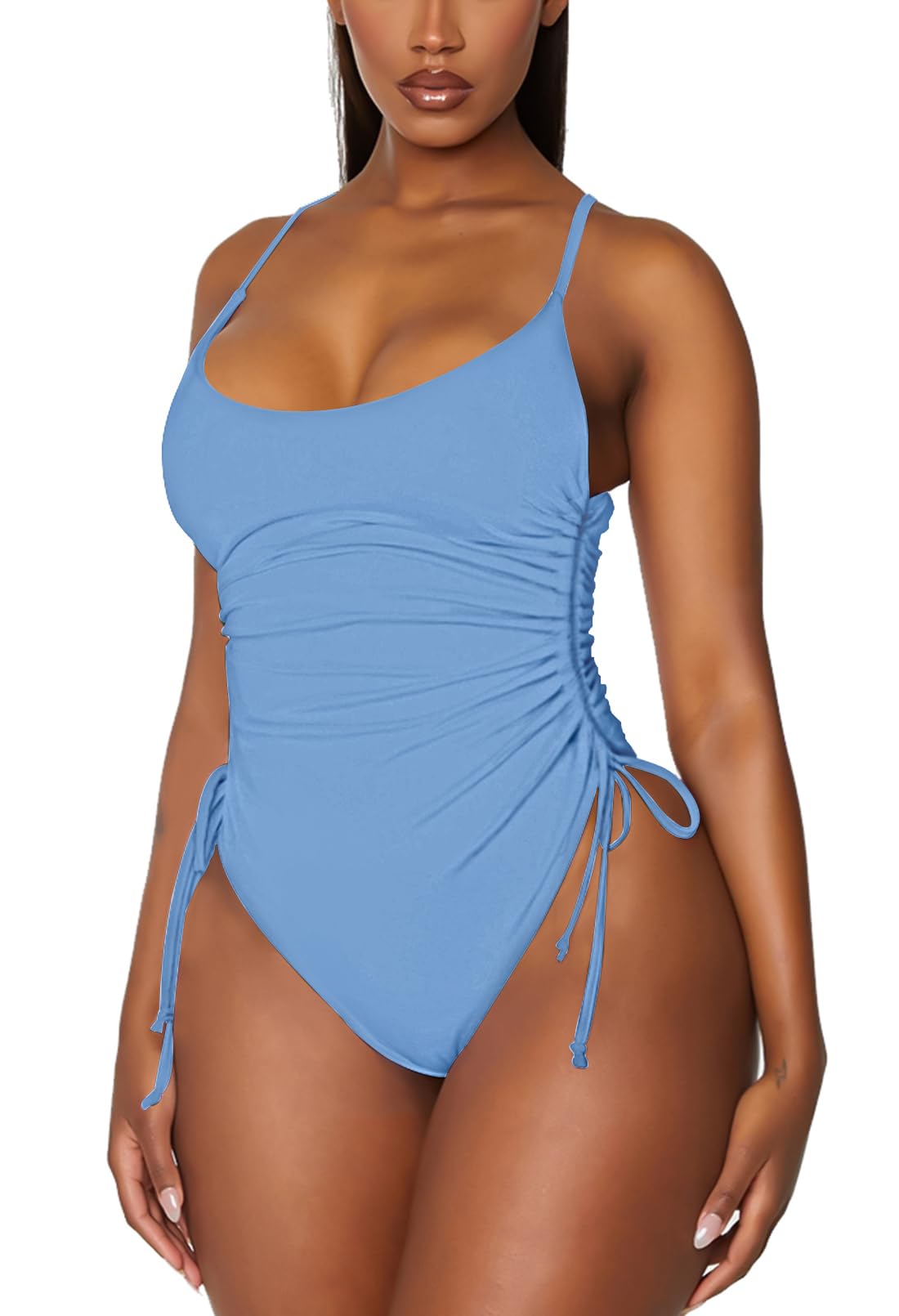Photo 1 of Viottiset Women's Ruched High Cut One Piece Swimsuit Tummy Control Cheeky Bathing Suit Navy Blue Medium
