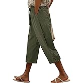 ONLYSHE Womens Capri Pants Casual Cotton Linen Trousers Lightweight Drawstring Elastic Waist Pants with Pockets,XS-3XL