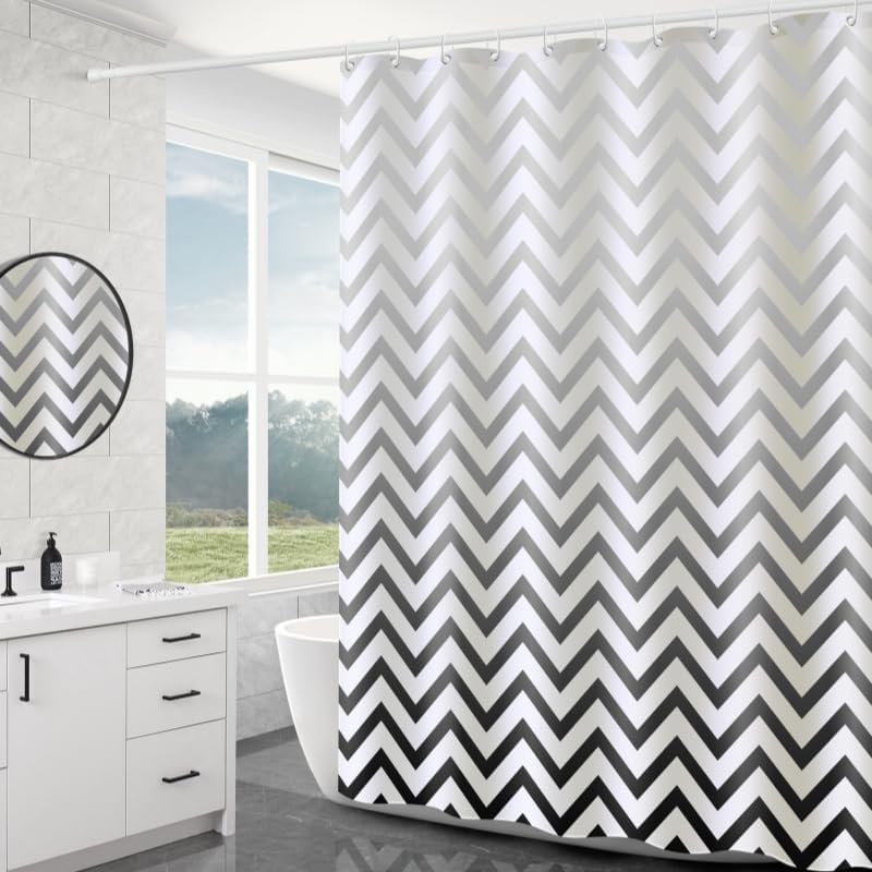 WOODFIB Shower Curtain 180x200 cm Black Chevron PEVA Anti-Mould 12 Hooks